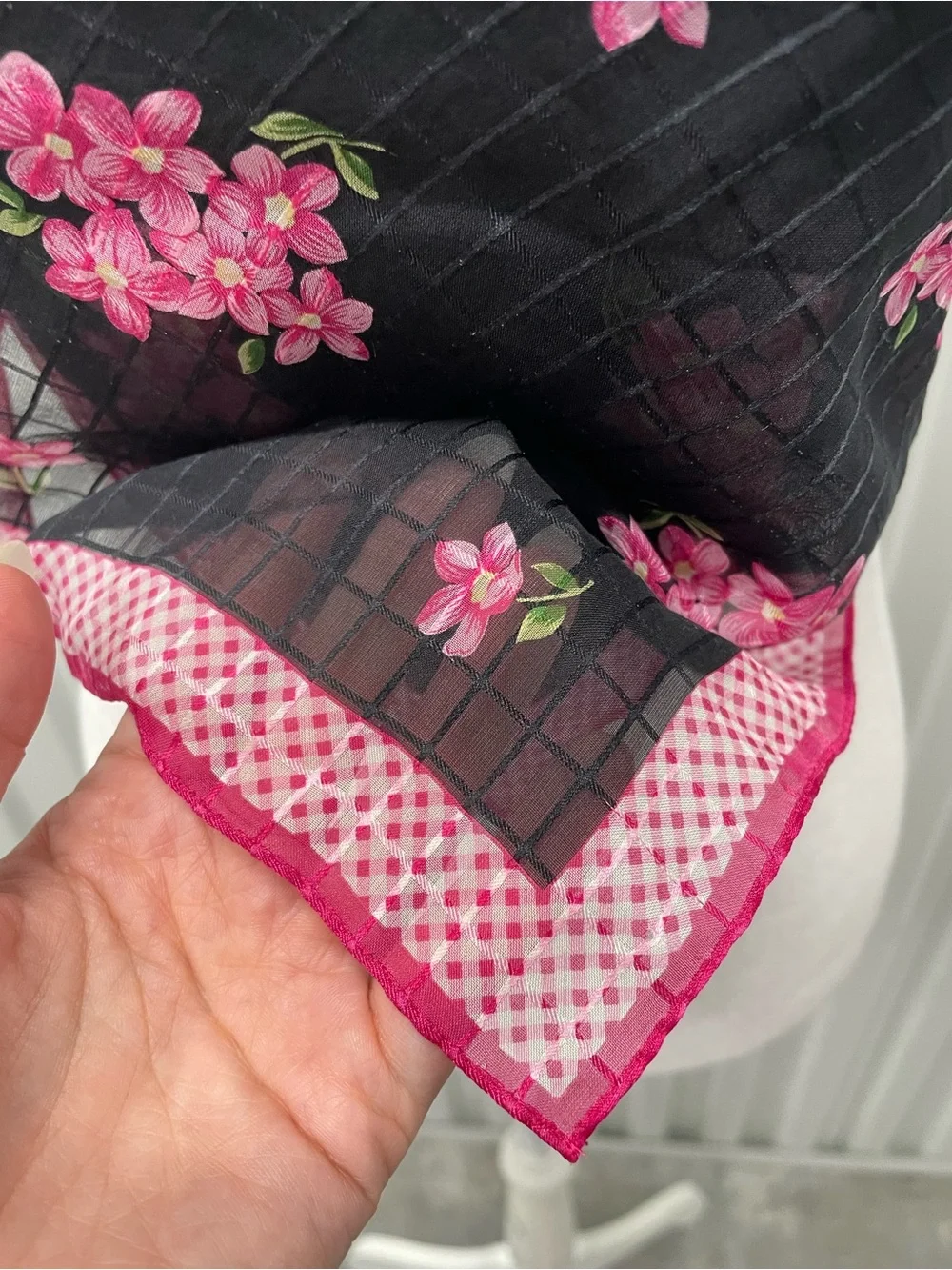 Vintage Silk Black Pink Floral Gingham Scarf Top Bandana Whimsigoth Coquette Y2K
